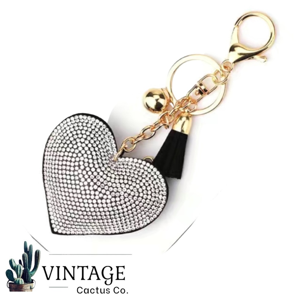 New! Super Cute Rhinestone Heart Shaped Bag Charm/Keychain! (Black w/Gold)